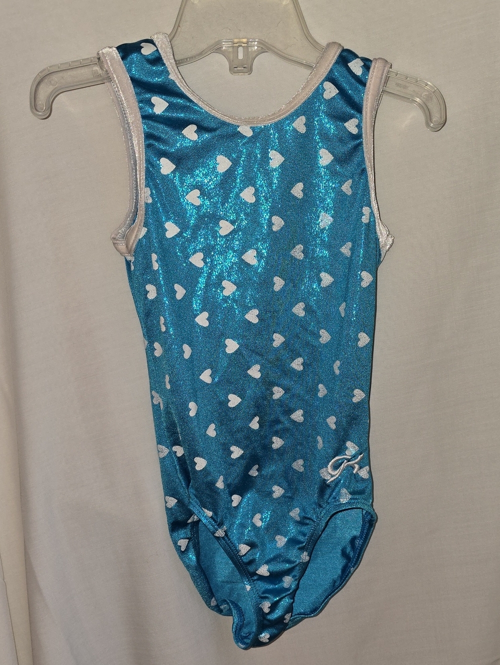 Shiny Blue Heart-Print Girls One-Piece Gymnastics Leotard